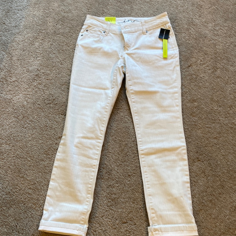 INC womens straight leg crop denim white with gray pinstripes. Size 0
